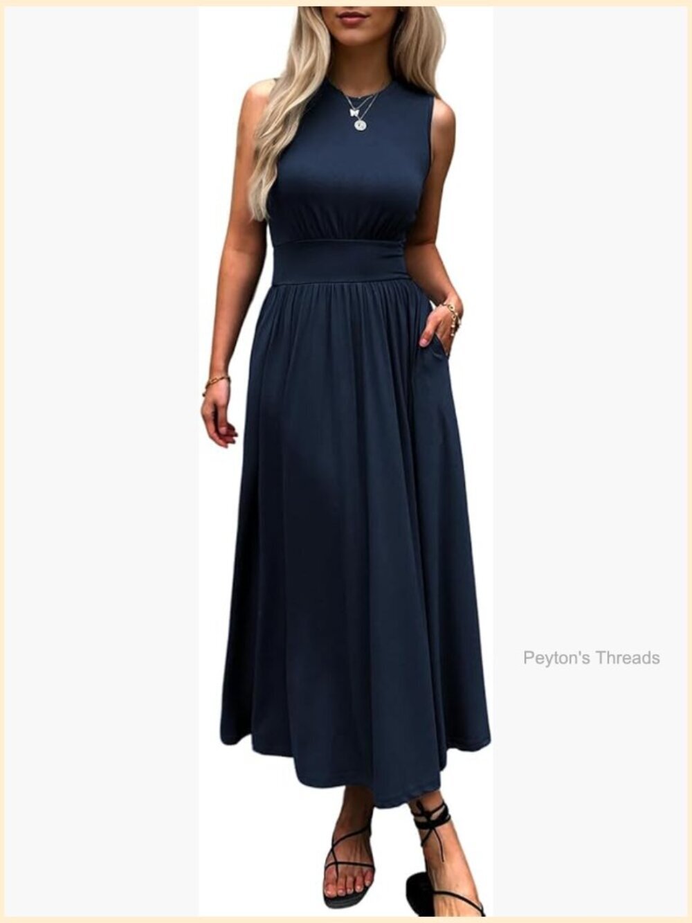 Sleeveless Summer Maxi Dress Crewneck Casual Swing Pleated Long Dresses with